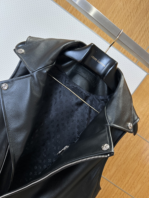 クロムハーツ 頑な金属クロスレザータグ付きモーターサイクルベストレザージャケット