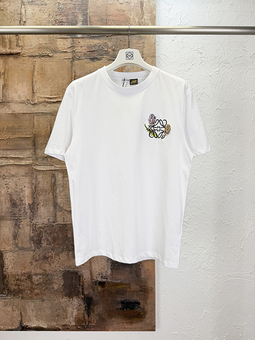 ロエベコピー アザミ柄の文字ロゴ刺繍入り半袖Tシャツ