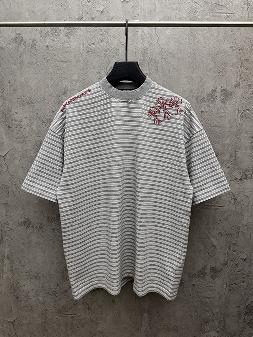 クロムハーツスーパーコピー アメリカンスタイルのストライプ柄アップリケ刺繍入りカップル半袖Tシャツ