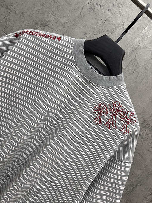 クロムハーツスーパーコピー アメリカンスタイルのストライプ柄アップリケ刺繍入りカップル半袖Tシャツ