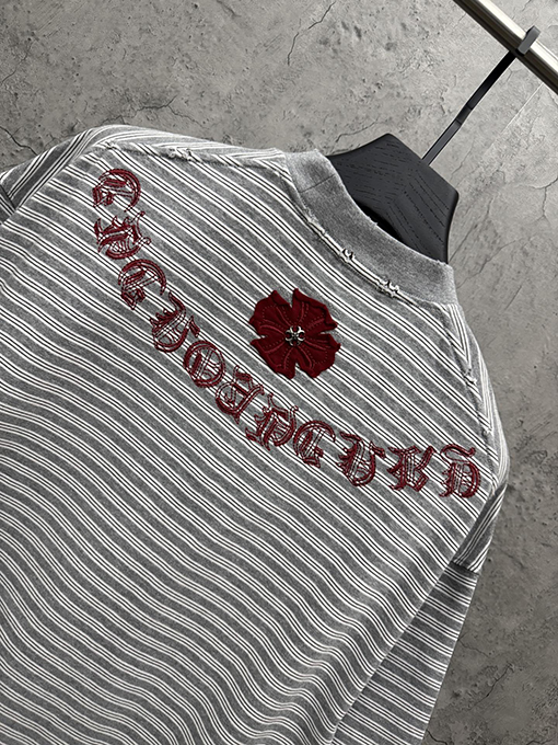 クロムハーツスーパーコピー アメリカンスタイルのストライプ柄アップリケ刺繍入りカップル半袖Tシャツ