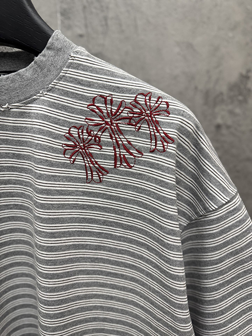 クロムハーツスーパーコピー アメリカンスタイルのストライプ柄アップリケ刺繍入りカップル半袖Tシャツ