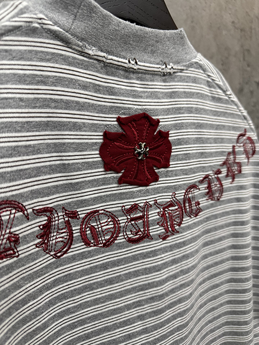 クロムハーツスーパーコピー アメリカンスタイルのストライプ柄アップリケ刺繍入りカップル半袖Tシャツ