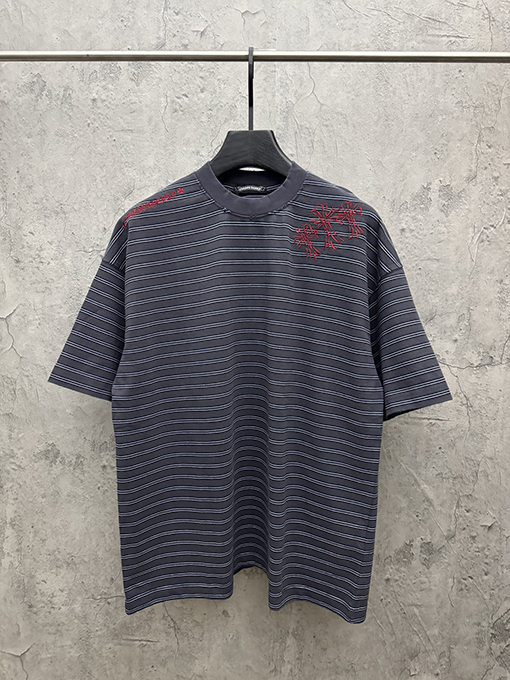 クロムハーツスーパーコピー アメリカンスタイルのストライプ柄アップリケ刺繍入りカップル半袖Tシャツ