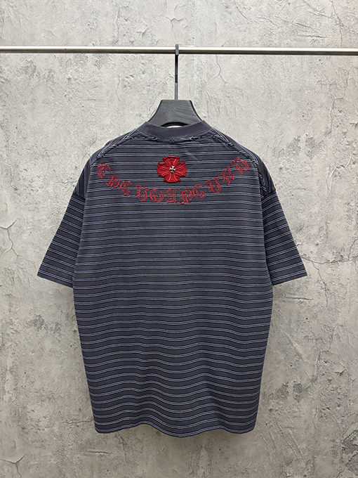 クロムハーツスーパーコピー アメリカンスタイルのストライプ柄アップリケ刺繍入りカップル半袖Tシャツ