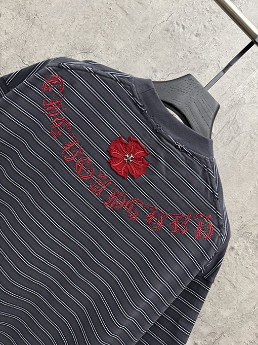クロムハーツスーパーコピー アメリカンスタイルのストライプ柄アップリケ刺繍入りカップル半袖Tシャツ