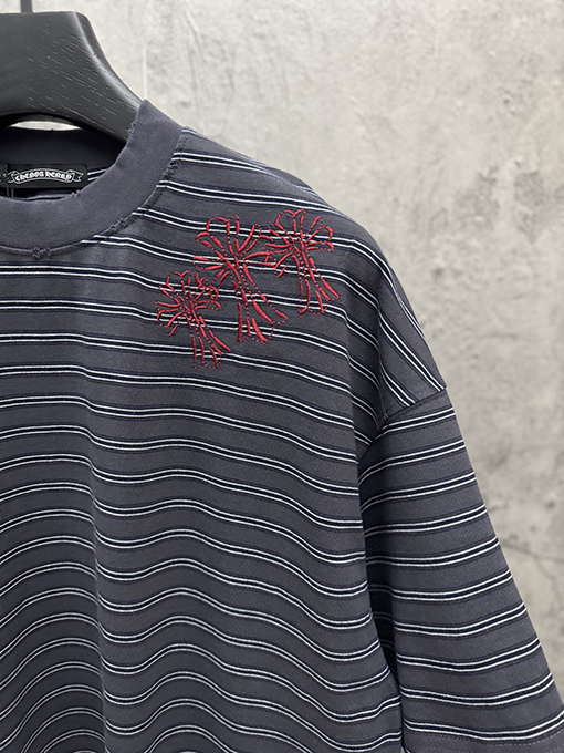クロムハーツスーパーコピー アメリカンスタイルのストライプ柄アップリケ刺繍入りカップル半袖Tシャツ