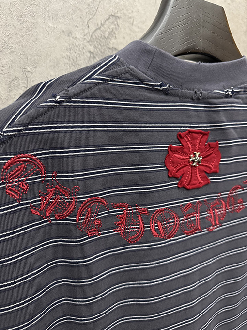 クロムハーツスーパーコピー アメリカンスタイルのストライプ柄アップリケ刺繍入りカップル半袖Tシャツ