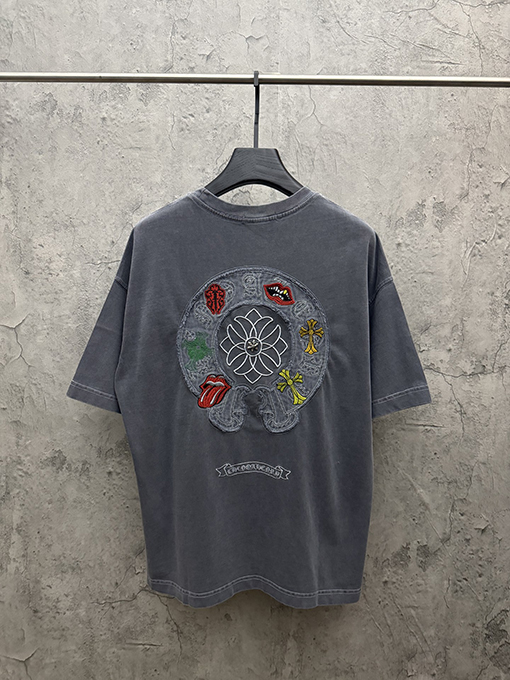 クロムハーツコピー アメリカンスタイルのウォッシュアップリケ刺繍入りカップル半袖Tシャツ