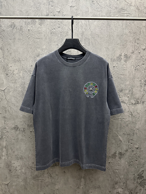 クロムハーツコピー アメリカンスタイルのウォッシュアップリケ刺繍入りカップル半袖Tシャツ