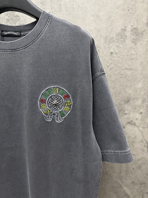 クロムハーツコピー アメリカンスタイルのウォッシュアップリケ刺繍入りカップル半袖Tシャツ