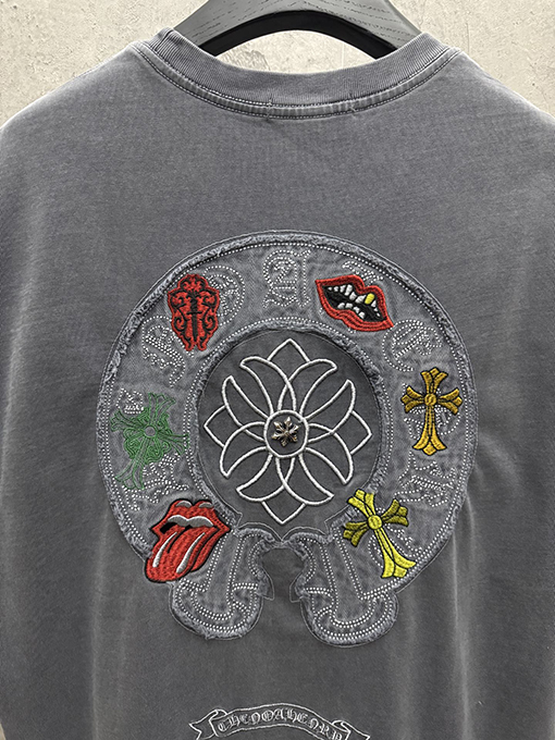 クロムハーツコピー アメリカンスタイルのウォッシュアップリケ刺繍入りカップル半袖Tシャツ