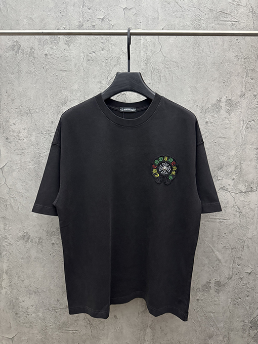 クロムハーツコピー アメリカンスタイルのウォッシュアップリケ刺繍入りカップル半袖Tシャツ