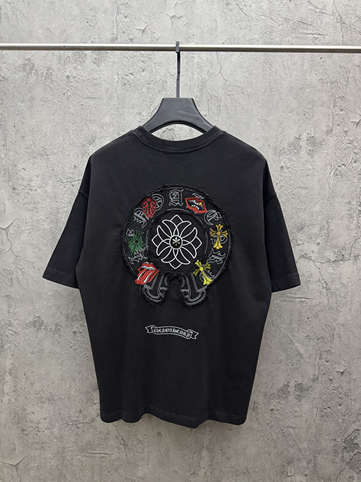 クロムハーツコピー アメリカンスタイルのウォッシュアップリケ刺繍入りカップル半袖Tシャツ