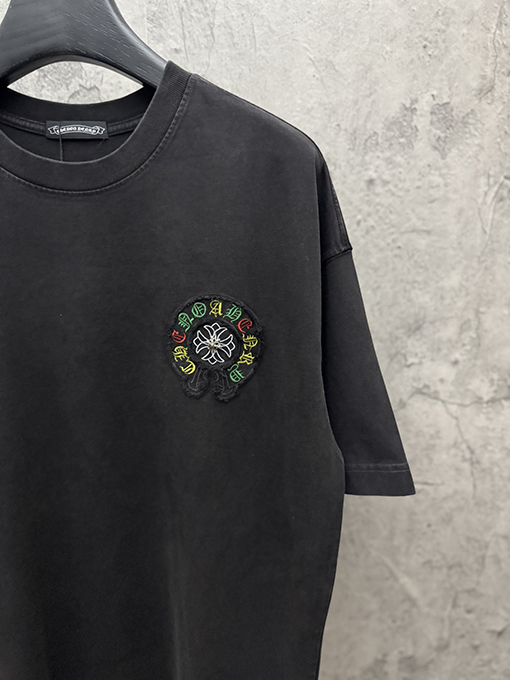 クロムハーツコピー アメリカンスタイルのウォッシュアップリケ刺繍入りカップル半袖Tシャツ