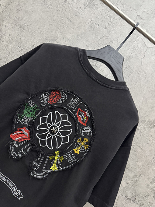 クロムハーツコピー アメリカンスタイルのウォッシュアップリケ刺繍入りカップル半袖Tシャツ