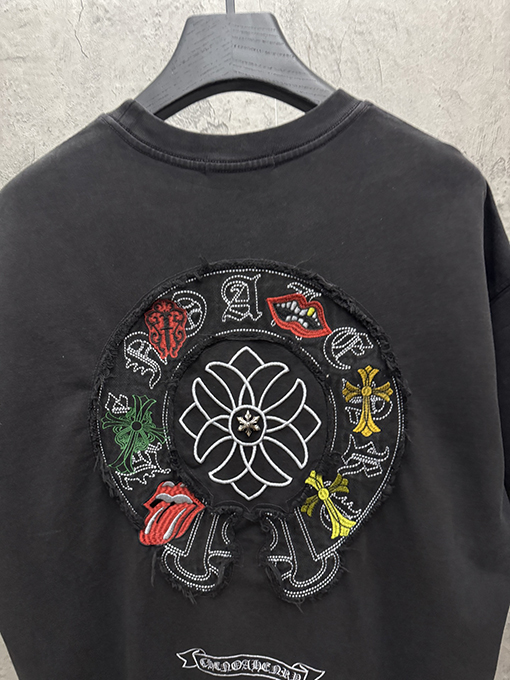 クロムハーツコピー アメリカンスタイルのウォッシュアップリケ刺繍入りカップル半袖Tシャツ
