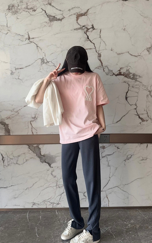 アミスーパーコピー ハート刺繍入りタオル地ラウンドネック半袖Tシャツ