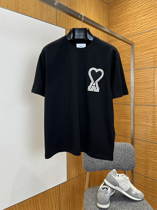 アミスーパーコピー ハート刺繍入りタオル地ラウンドネック半袖Tシャツ