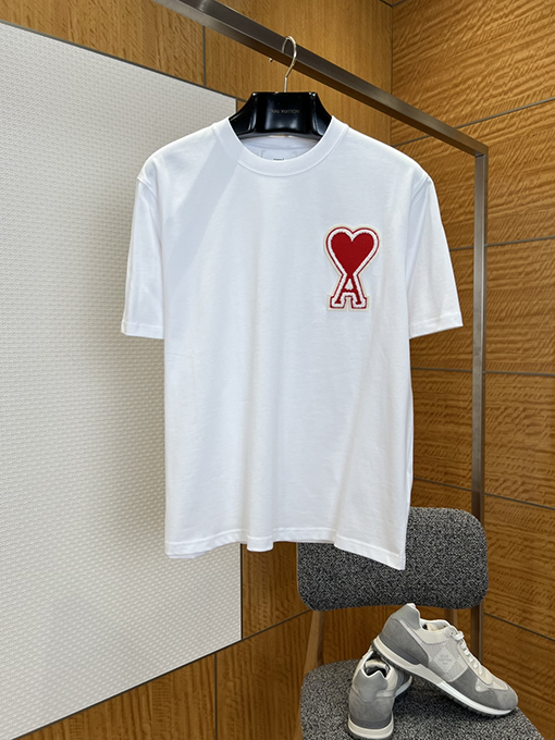 アミスーパーコピー ハート刺繍入りタオル地ラウンドネック半袖Tシャツ