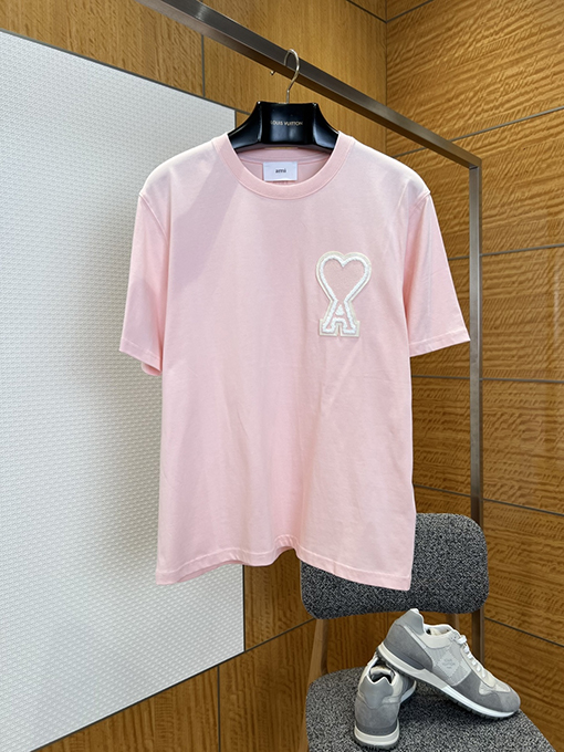 アミスーパーコピー ハート刺繍入りタオル地ラウンドネック半袖Tシャツ
