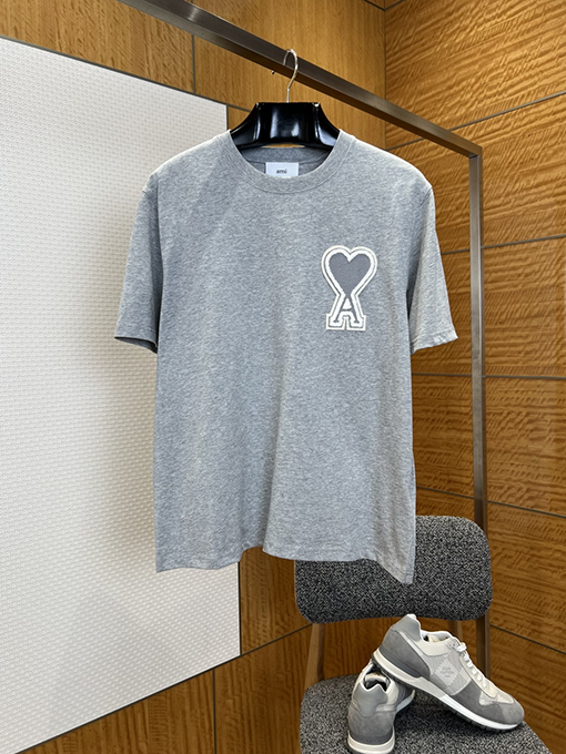 アミスーパーコピー ハート刺繍入りタオル地ラウンドネック半袖Tシャツ
