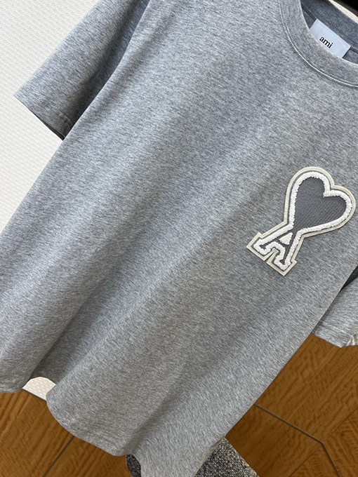 アミスーパーコピー ハート刺繍入りタオル地ラウンドネック半袖Tシャツ