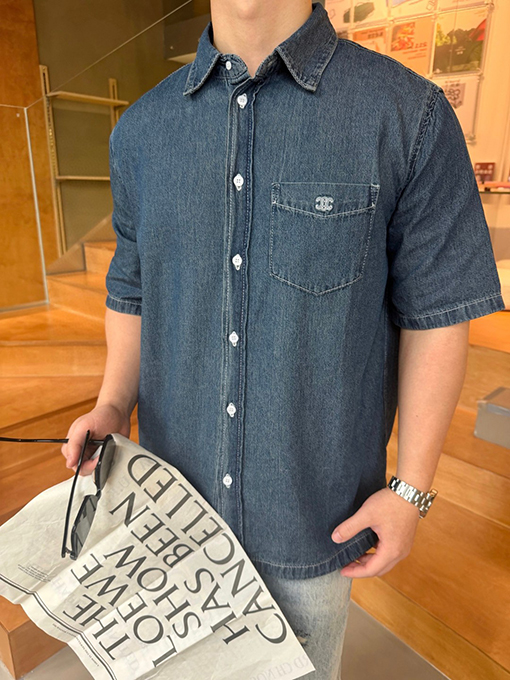 セリーヌコピー 刺繍入りデニム半袖シャツ