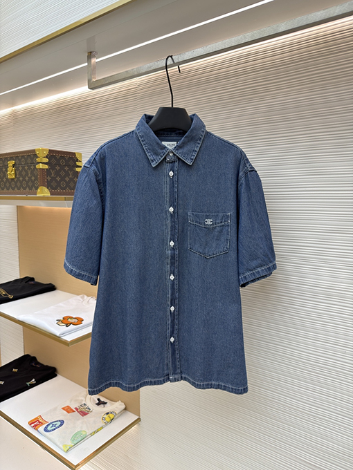 セリーヌコピー 刺繍入りデニム半袖シャツ