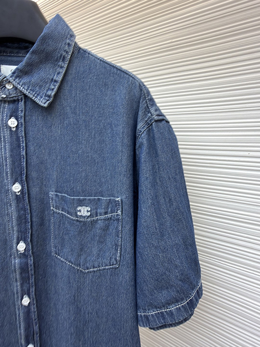 セリーヌコピー 刺繍入りデニム半袖シャツ