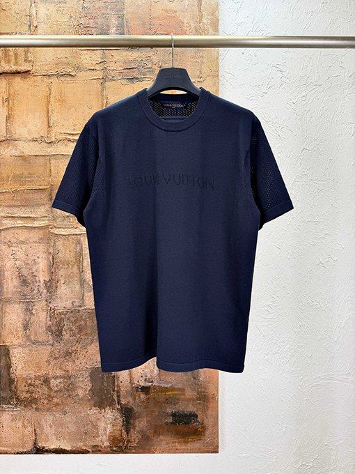ルイヴィトンコピー LOUIS VUITTON 透かし彫り文字入りニット半袖Tシャツ