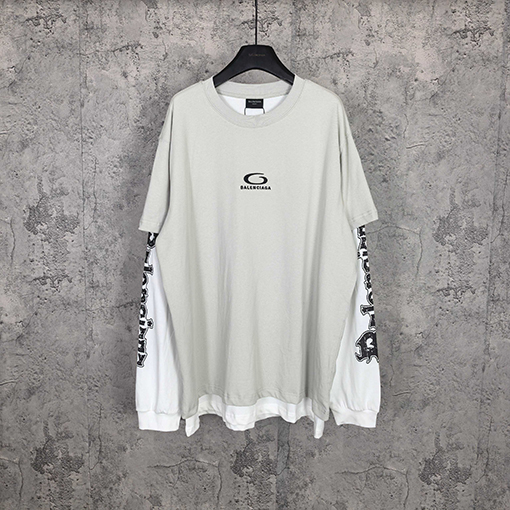 バレンシアガコピー BALENCIAGA Hybrid Double T-shirt in Light Grey/white アサシンハイブリッドダブルプリント刺繍入りライトグレー&ホワイト平織りフェイクツーピース長袖シャツ