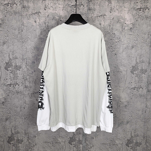 バレンシアガコピー BALENCIAGA Hybrid Double T-shirt in Light Grey/white アサシンハイブリッドダブルプリント刺繍入りライトグレー&ホワイト平織りフェイクツーピース長袖シャツ