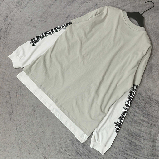 バレンシアガコピー BALENCIAGA Hybrid Double T-shirt in Light Grey/white アサシンハイブリッドダブルプリント刺繍入りライトグレー&ホワイト平織りフェイクツーピース長袖シャツ