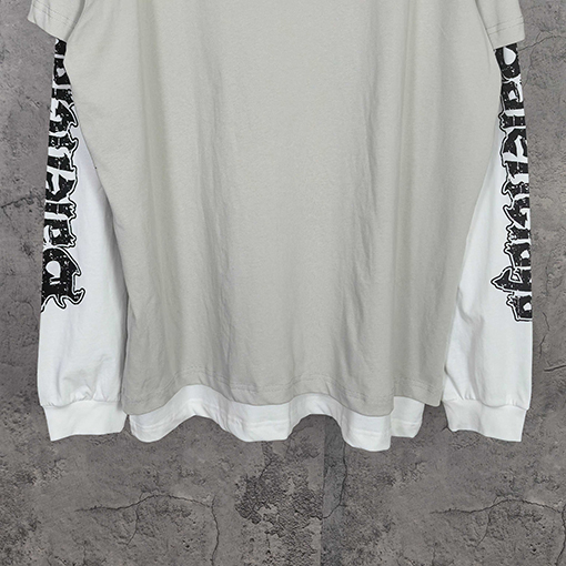 バレンシアガコピー BALENCIAGA Hybrid Double T-shirt in Light Grey/white アサシンハイブリッドダブルプリント刺繍入りライトグレー&ホワイト平織りフェイクツーピース長袖シャツ