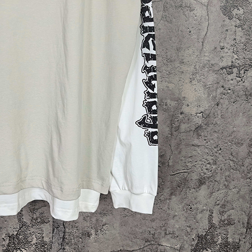 バレンシアガコピー BALENCIAGA Hybrid Double T-shirt in Light Grey/white アサシンハイブリッドダブルプリント刺繍入りライトグレー&ホワイト平織りフェイクツーピース長袖シャツ