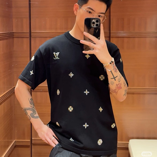 ルイヴィトンコピー ラインストーンモノグラムニット半袖Tシャツ
