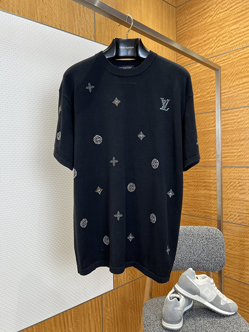 ルイヴィトンコピー ラインストーンモノグラムニット半袖Tシャツ