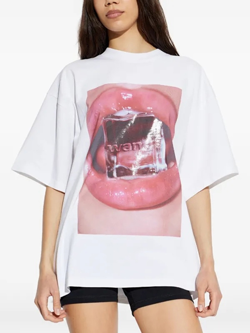 アレキサンダーワンスーパーコピー トレンディな赤いリップの氷のキューブ柄半袖Tシャツ