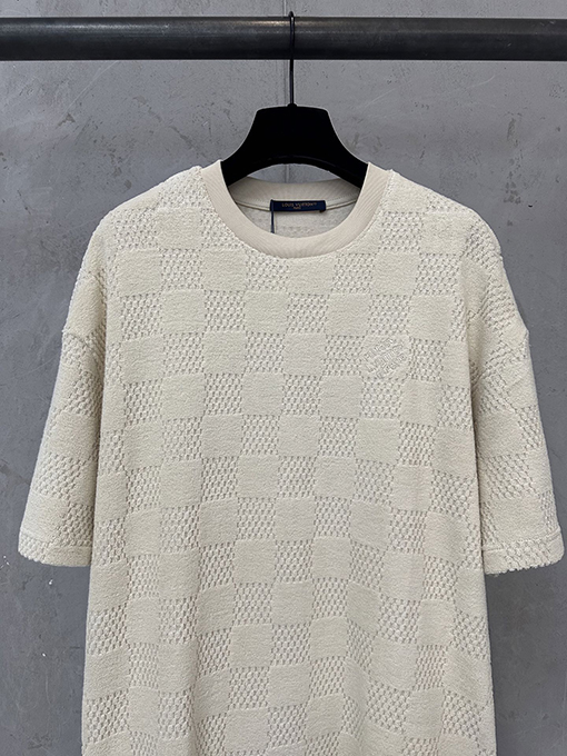 ルイヴィトンコピー クラシックなチェック柄コットンテリージャカード刺繍入り半袖Tシャツ