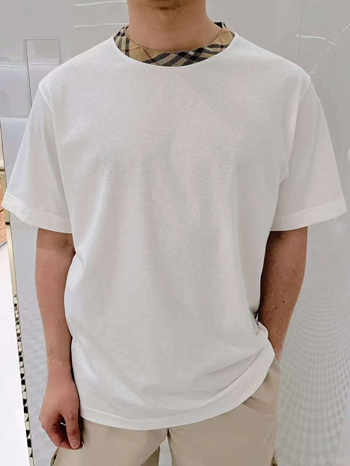 バーバリーコピー チェック柄の襟付きクルーネック半袖Tシャツ