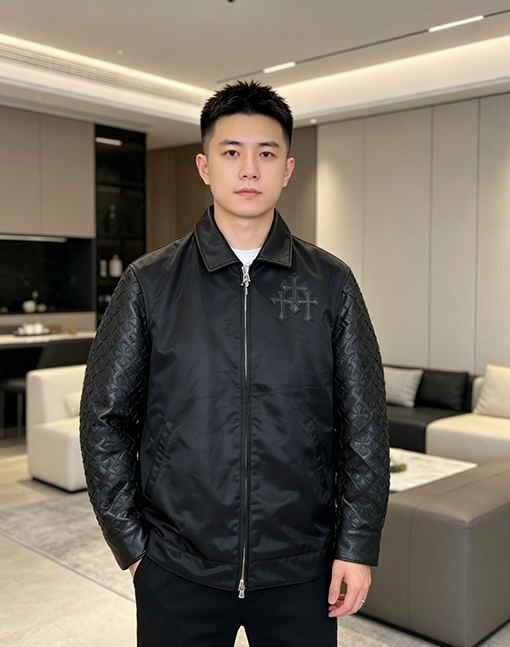 クロムハーツ ファッショナブルなパッチワークのクロススリーブ高級レザージャケット