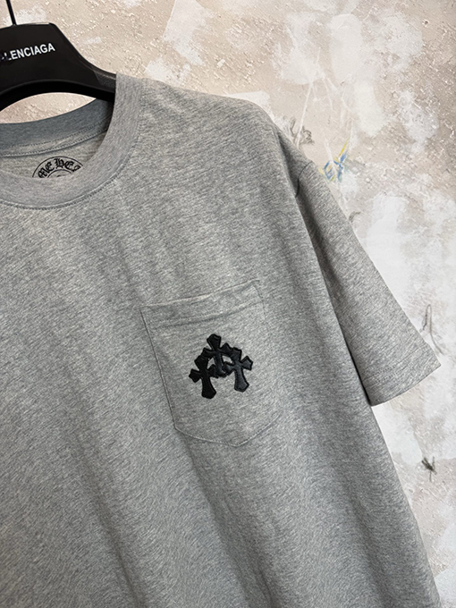 クロムハーツ 限定花柄糸スラブコットンパッチワークレザー半袖Tシャツ