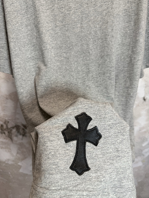 クロムハーツ 限定花柄糸スラブコットンパッチワークレザー半袖Tシャツ