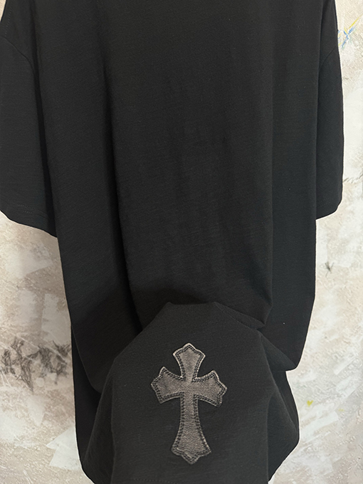 クロムハーツ 限定花柄糸スラブコットンパッチワークレザー半袖Tシャツ