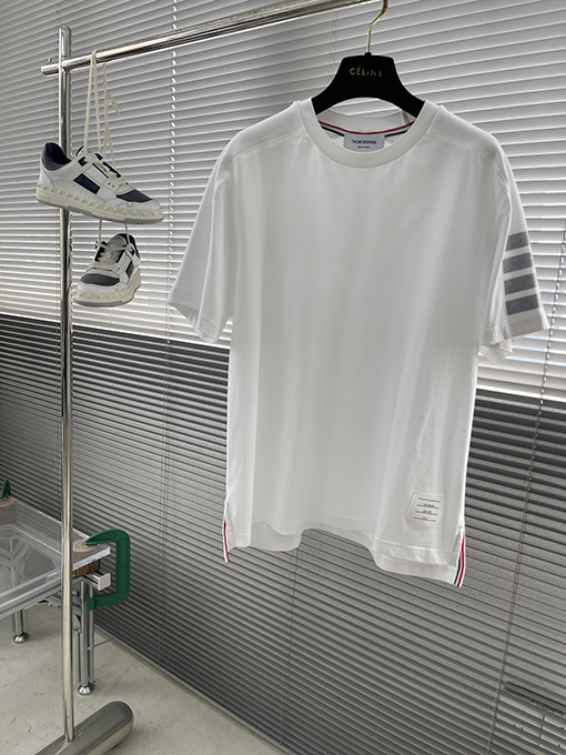 トムブラウン リブ編み4本ストライプ半袖Tシャツ
