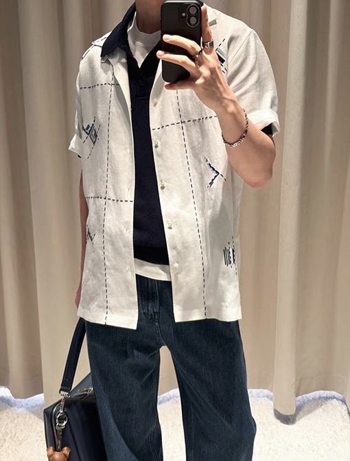 フェンディコピー リネン刺繍入り半袖シャツ