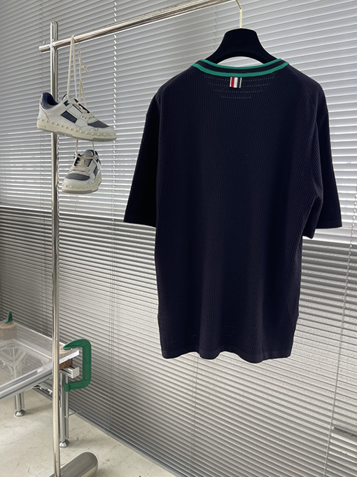 トムブラウンスーパーコピー メッシュジャカードストライプの襟付き半袖Tシャツ