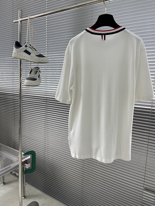 トムブラウンスーパーコピー メッシュジャカードストライプの襟付き半袖Tシャツ