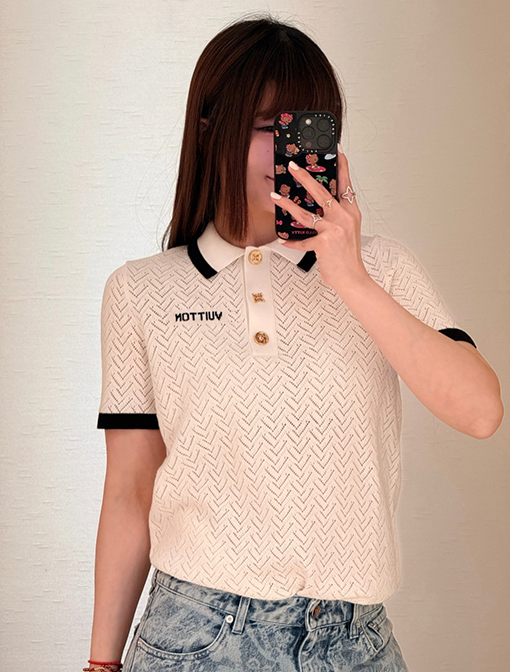 ルイヴィトン LOUIS VUITTON 透かし編みの半袖カラーブロックポロシャツ
